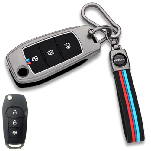 Image of KEYCEPT Metal Key Cover Compatible for Ford Figo, Aspire, Endeavour Flip Key 3 Button Flip Key with Keychain (Long Keychain).