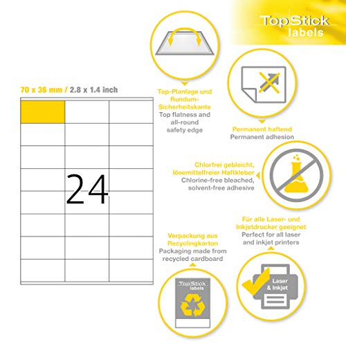 TopStick 8400 naklejek adresowych DIN A4 (70 x 36 mm, 25 arkuszy, papier, matowe) samoprzylepne, do zadrukowania, trwale przywierające, uniwersalne etykiety, 600 etykiet samoprzylepnych, białe