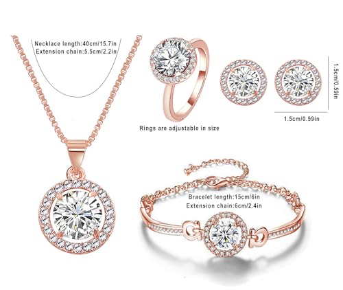Wovanoo FBA-WW-192JEWELRY-ROSEGOLD Women 4Pieces Cubic Zirconia Jewellery Set Rhinestone Necklace Earrings Bracelet Ring Rose Gold thumb #6