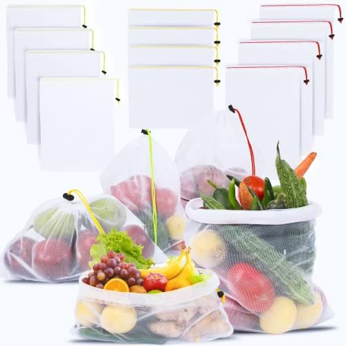 Eco-Friendly Reusable Produce Bags – Washable & Durable - 15 pack - Large, Medium, & Small sizes - Mesh Produce Bags Drawstring with Colorful Tare Weight Tags - Perfect Grocery & Vegetable bags