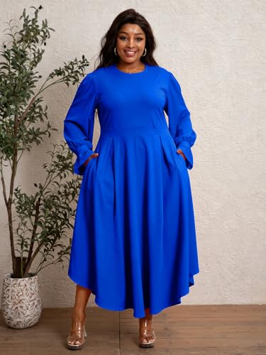 Image of Baczoe Women's Plus Size Long Sleeve Maxi Church Dress | High waist, pockets, stretchy