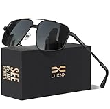 LUENX Aviator Sunglasses for Men Square Polarized Polygon Sun Glasses UV400 Protection 60mm,Black Lens Black Frame