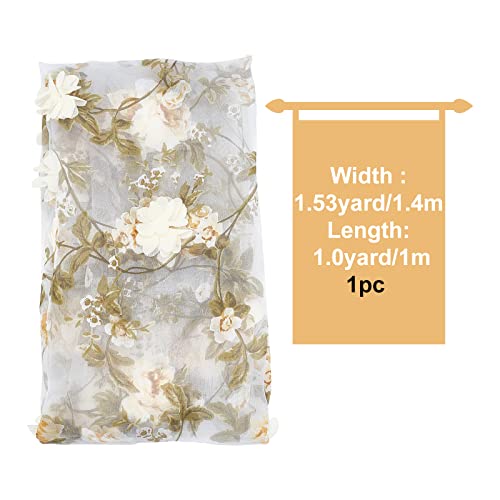GORGECRAFT 55Inch Embroidered Flower Fabric 3D Organza Yellow Floral Chiffon Rose Leaves Vintage Lace Fabric Embroidery Applique Ribbons for Sewing Wedding Bridal Cloth DIY Crafts Supplies - Image 2
