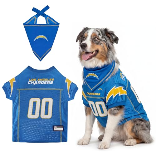 Pets First NFL Los Angeles Chargers Dog Jersey with Coordinated Tie Bandana Included, Size X-Small Official NFL Pet Apparel, Breathable Mesh, Durable, Team Logo Design, Dog Sports T-Shirt