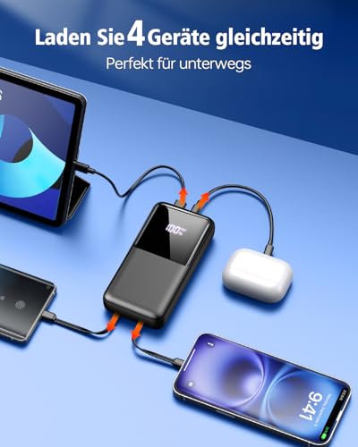Power Bank 40000mAh 22,5W Powerbank PD USB-C Schnellladefunktion, Tragbares Ladegerät mit 3 Anschlüssen & 2 integrierten Kabeln, Externer Akku kompatibel mit iPhone 17 16 15 14 13, Android und mehr 4