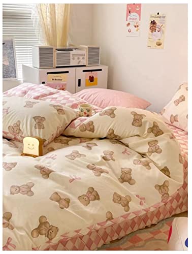 Peachy Baby Pink Teddy Bear Pattern Aesthetic Kawaii Cute Cotton Bedding Duvet Cover Set Single Twin Queen Size (Queen) #TOP2