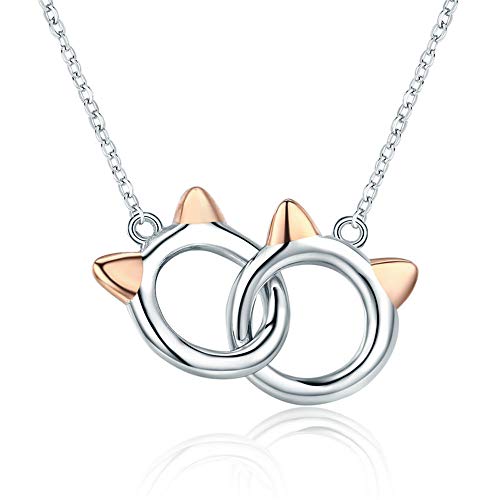 Infinity Love Heart Cat Necklace for Women Girls 925 Sterling Silver Two-Tone Hollow out Mother and Daughter Kitten Ear Pendant Choker Necklace Double Interlocking Circles Jewelry Cute Delicate