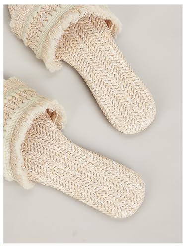 OYOANGLE Women's Fringe Straw Sandals Crochet Open Toe Single Band Flat Slip On Sandals4