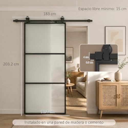 Miniatura 7 de Homcom Puerta Corredera Con Herrajes 91,4x203,2 Cm Puerta Corredera De Cristal Con Mecanismo Cierre Suave Para Baño Salón Sala De Estar Cocina Negro