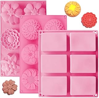 OBSGUMU 3 Pack Silicone Soap Moulds,6 Cavities Silicone Baking Mold,Rectangle and Different Flower Shapes, Perfect for Soap Making, Handmade Cake Chocolate Biscuit, Pudding. BPA Free (Pink)