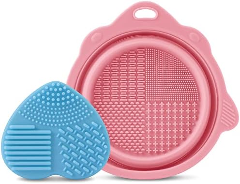 2Pcs Makeup Brush Cleaner Mat with Different Screw Threads, Cleaning Bowl and Silicone Makeup Brush Cleaner Pad with a Sponge for Wet & Dry Cleaning, Portable to Clean for Brush & Powder Puff- Blue
