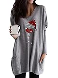 Minetom Damen Weihnachten Sweatshirt Oversize Oberteil Winter Langarmshirt Weihnachtspullover mit Gedruckt Xmas Outfit Hemd mit Taschen Y09 Grau 48