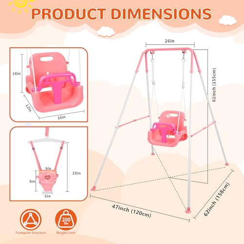 4-in-1 Toddler Swing Set & Baby Jumper and Bouncers, Heavy Duty Baby Swing Set with Foldable Metal Stand for Indoor & Outdoor, Suitable for Children 6 Months and Older, Easy to Assemble & Store (Pink)