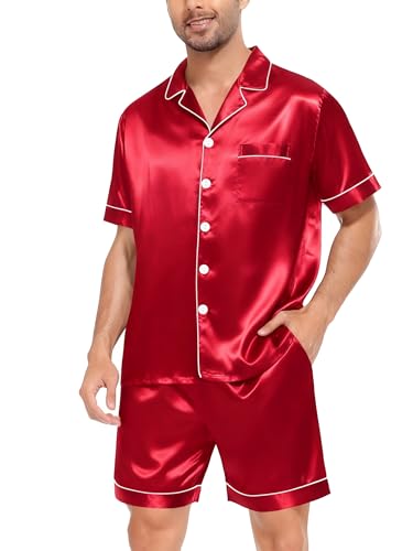 Image of SWOMOG Satin Matching Pajamas Sets Couple Silk Button Down Nightwear Women & Men Short Sleeve Sleepwear 2 Pieces Loungewear