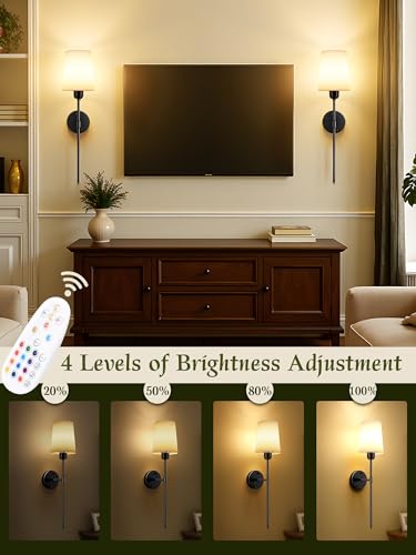 Image of Battery Operated Wall Sconces Set of 2, Black, 15 RGB, 23 Inch | Dimmable, Renter Friendly, Rechargeable Magnetic Bulbs, Remote, Cordless Wall Lights for Living Room, Bedroom, Hallway