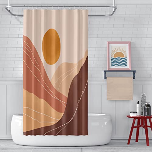 Mid Century Modern Fabric Shower Curtain Abstract Minimalist Sunset Mountain Art Bath Curtains For Bathroom Decor With Hooks Boho Terracotta Nature Landscape Shower Curtains Waterproof,72X72 Inches #TOP3