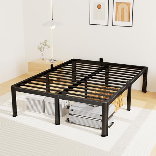 14" Queen Metal Bed Frame with Steel Slats, No Box Spring