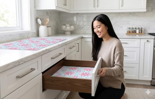 Image of Dribble EVA Shelf Liner Mat 45x500cm Roll, Non Slip Drawer & Cabinet Liner for Kitchen, Waterproof Oilproof Washable Fridge Mat, Anti Skid Cupboard Wardrobe Multipurpose Mat (Red /Blue Mandala Art)