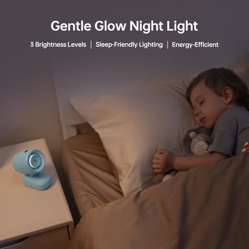 Image of JISULIFE 2026 Clip Fan - Small & Stylish with 38H Cooling | Soft Night Light, LED Display, One‑Click Detachable Baby Fan for Stroller Crib Desk Car Seat Travel, Gift for Baby Mom-Blue