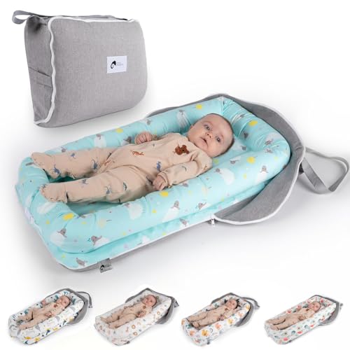 Image of Joyful Journeys Baby Lounger Diaper Bag - Portable Baby Lounger Nest | Versatile Infant Lounger Bag & Diaper Organizer | Cozy Baby Lounger Nest for Convenience (Blue Lambs)