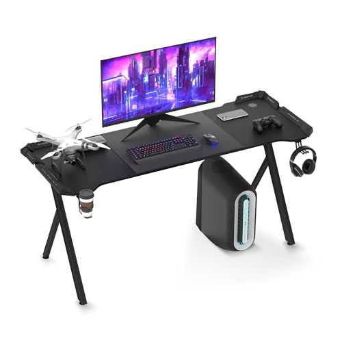 XMTECH Gaming Tisch Schwarz mit RGB LED, Carbon Tischplatte, 160 cm PC Schreibtisch, Computertisch, Y-förmige Beine, ergonomisch, Becherhalter & Kopfhörerhaken, für Gaming, Streaming & Homeoffice