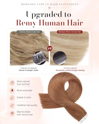 Image of Moresoo Copper Brown Skin Weft Tape in Extensions, 24 Inch, 20Pcs, 50g | Remy straight human hair tape in extensions, seamless tape extensions, extra long length, add length, lightweight wear