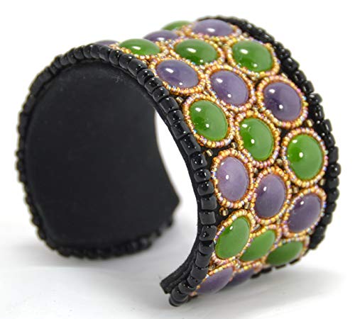 Bracelet ouvert vert et violet plat rigide en perles de verre - 3