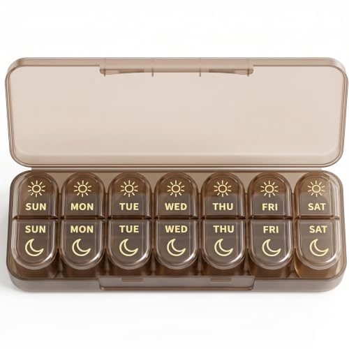Image of Weekly AM PM Detachable Pill Organizer 2 Times a Day, Wear Resistant Large Print Medicine Pill Organizer for Arthritis, Seniors & Caregiver, Purse Travel Use - Brown