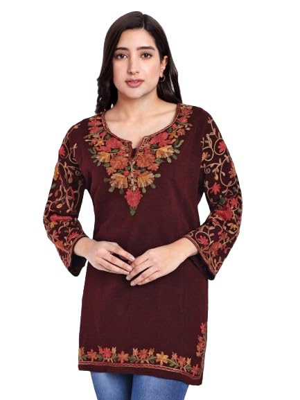 Image of HAUTEMODA Women Woollen Short Kashmiri Embroidery Phiran Kurta