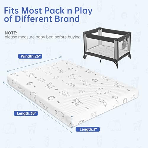 Image of Pack and Play Mattress 38 inch x 26 inch - Firm Support Foam and Comfort Premium Memory Foam Pack n Play Mattress Pad for Baby Toddler with Removable Breathable Cover, Washable & Non-Slip