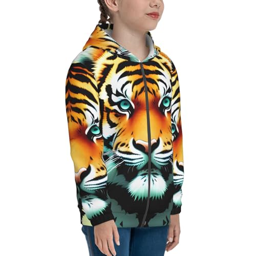 Little fat tiger head Print Girls Athletic Zip Up Hoodies,Sweatshirts with Pockets Long Sleeve Hooded Jackets, for 7-18 Y3