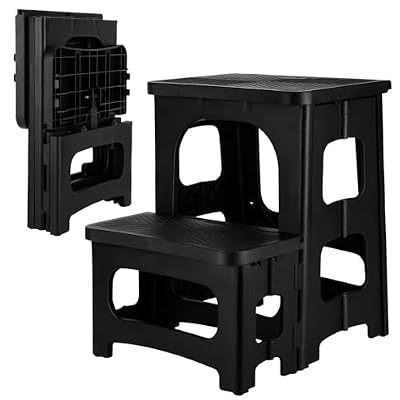 Folding 2-Step Stool, 8" 17" Non-Slip Collapsible Step Stools, Bedside Stepstools, Hold up to 300 lbs, Portable Folding Step Stools for Adults for Kitchen Home Toilet Bedroom Office RV (Black)