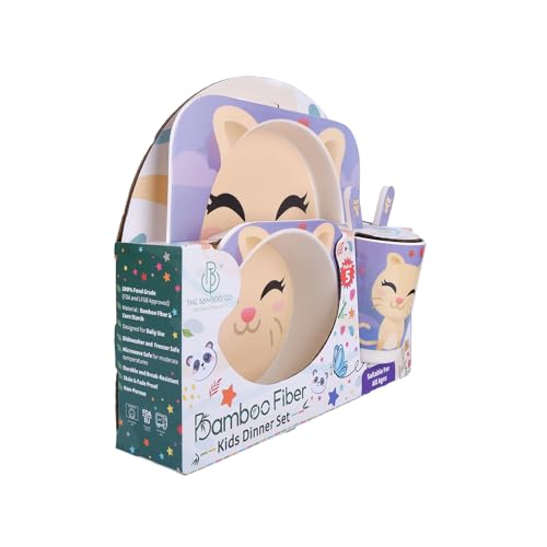 Image of Bamboo Kids Feeding Set of 5 |Kids Crockery Set Tableware |Baby Utensils and Dishes Set | Eco-Friendly |Organic & Natural (Purrfect Kitty)