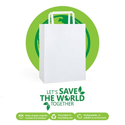 Gssusa Paper Bags With Flat Handles Bulk White 10"X5"X13" 50 Pack Kraft Paper Bags Gift Bags Medium Grocery Shopping Bags For Small Business Party Retail Take Out Bags Recyclable Sturdy Heavy Duty #TOP2