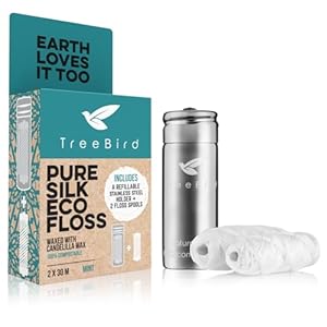 Biodegradable Dental Floss | Refillable & Reusable Zero Waste Steel Dispenser | 2x33yd Waxed Natural Cruelty Free Peace Silk Spools | 100% Compostable | Eco Friendly Plastic Free Oral Care