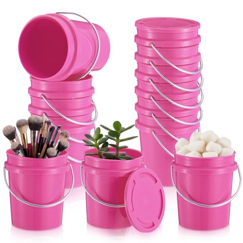 Hushee 12 Pcs Mini Plastic Buckets with Lids 0.4 Quart Pink Buckets for Party Gift Packaging Candy Holders Easter Halloween Christmas Candy Treat Snacks Holder Birthday Baby Shower Party Supplies