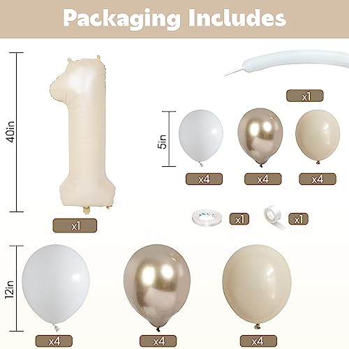 Image of 40 Inch Cream Number 1 Balloon for 1st Birthday Decorations Beige White Sand Number One Foil Balloon Tower Giant Large Nude Neutral Digit Helium Balloons Stack for Girls First Anniversary Party