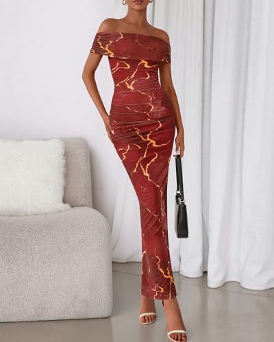 Image of BTFBM Cocktail Dresses for Women 2026 Elegant Classy Off Shoulder Bodycon Mesh Slit Floral Maxi Spring Summer Dress