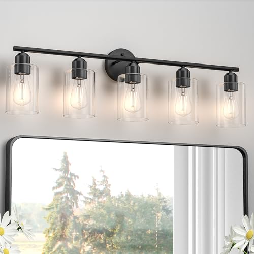 Image of Bathroom Vanity Light Fixtures Matte Black Bathroom Lighting Fixture, 5 Lights Bathroom Light Fixture Over Mirror, Modern Black Vanity Light, Wall Sconces with Glass Shades
