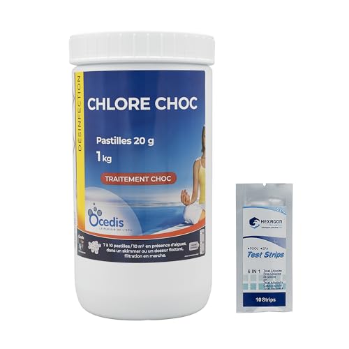 OCEDIS Chlore Choc Pastilles 20g - 1kg | Chlore Choc Stabilisé - Désinfection Choc - Dissolution Rapide + 10 Tests HPS OFFERTS 6 en 1