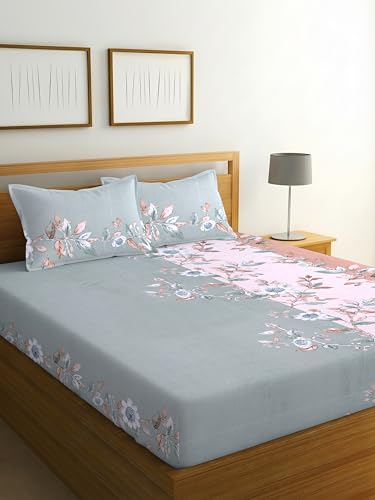 Image of DECORUM Glace Cotton Fitted 1 Bedsheet King Size (72 inchx78 inch) | All Around Elastic | Cotton Feel | 2 Pillow Covers (17 inchx27 inch) | Fits Up to 8 inch Mattress | 200-220 TC | Printed Double Bed Sheet Set