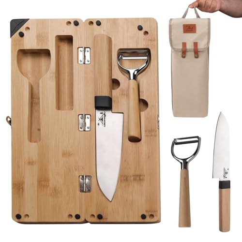 Foldable Bamboo Cutting Board Set - with Knife, Peeler, Bag & Built-in Sharpener – Portable Compact Chopping Board for Camping, Picnic, Travel & Kitchen – Non-Slip, Eco-Friendly, Multi-Purpose Design