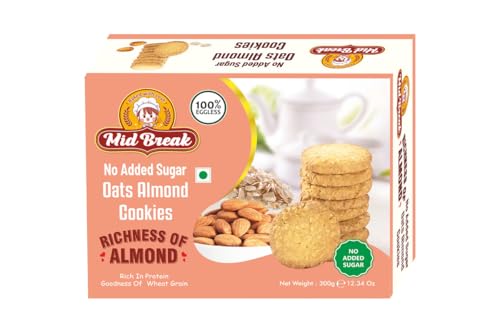 Image of Midbreak No Added Sugar Oats & Almond Cookies - 300gm (Pack Of 1) | Healthy Digestive Diabetic-Friendly Biscuits | Handmade & Delicious Tea Time Snack Biscuit