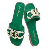 Shoe Land Flat Sandals for Women, Dressy Slides with Metal Chain, Square Open Toe Single Band, Cushioned Footbed Summer Sandals, Green, Size 7.0, Emma