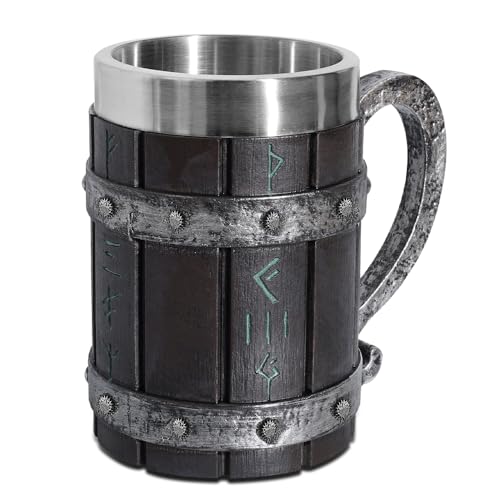 SGZIOO Jarro cerveja de madeira, 600 ml jarro de cerveja com forro de aço inoxidável, Rune Vintage caneca cerveja, caneca de bebida média para café/bebida/sumo, homens e presente do dia do pai