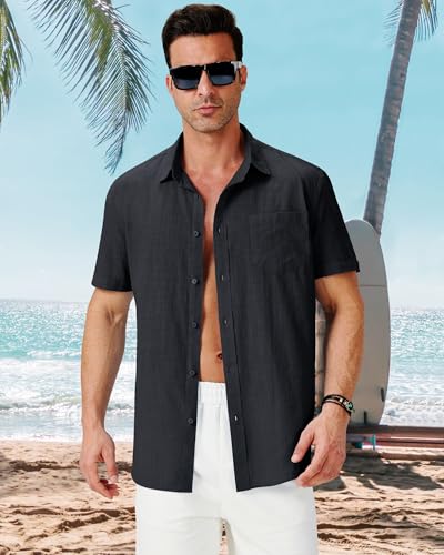 3 Pack Mens Linen Shirts Button Down Short Sleeve Shirt Casual Summer Beach Vacation Tops with Pocket3