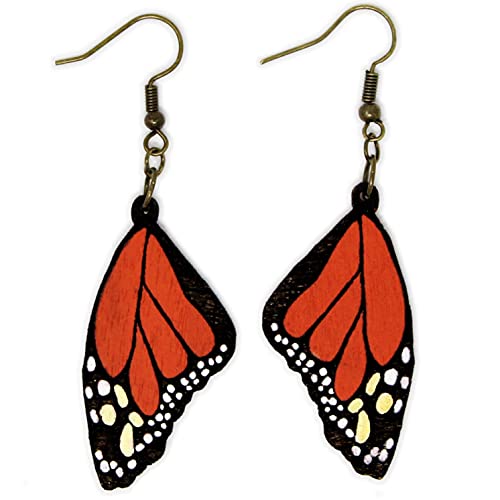 Monarch Butterfly Wing Dangle Earrings | Hand-Painted Wood Unique Drop Jewelry