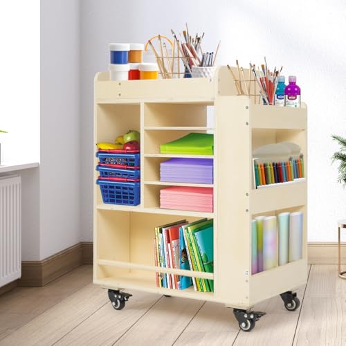Wooden Mobile Craft Storage cart Arts and Crafts Supply Organizer, Multi-Functional Storage Cabinet Crafts, DIY Utility Cart with Paper Storage Shelf, Art Supply Cart for Classroom, Office, Bedroom
