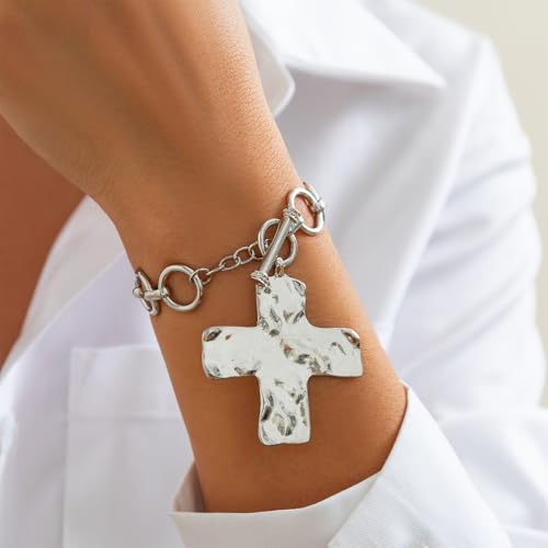 Chunky Gold Big Hammered Cross Bracelets for Women Trendy, Bold Thick Large Silver Cross OT Toggle Bracelet Statement Vintage Faith Chain Jewelry Gift3