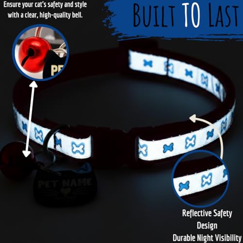 Image of PAWPRO HANDMADE Reflective Cat Collar with Custom ID Tag - Adjustable Collar with Bell for Cats & Small Dogs - Personalized Name Tag (Ocean Pup)